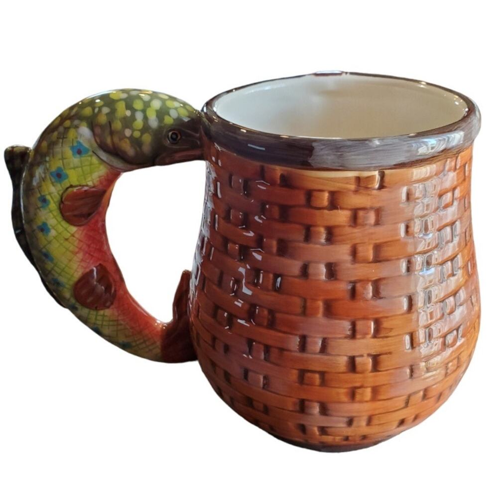 3D Fish Basket Coffee Mug Burton and Burton The Big Catch Ceramic Trout Handle - Picture 3 of 6